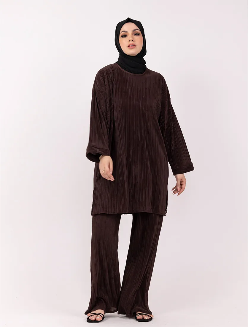 Brown Midi Plisse Co Ord